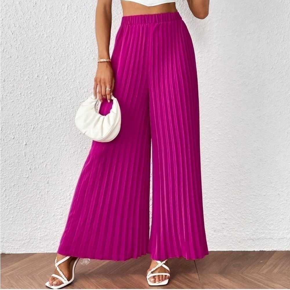 Zara Lilac Pleated Wide Legged High Waisted Floaty Palazzo Trousers Open Hem M
